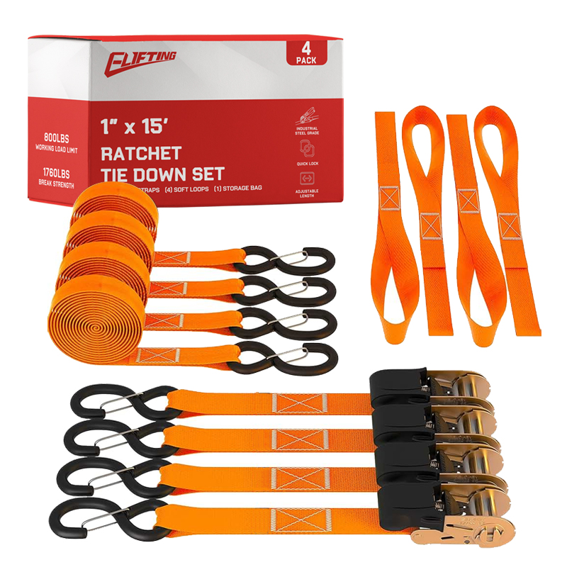 1 ″ x 15 "নরম লুপ সহ র‌্যাচেট টাই-ডাউন কিট （4-প্যাক）